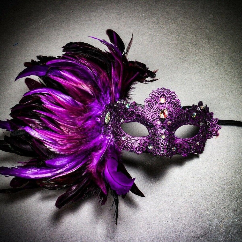 Purple Lace Venetian Venice Halloween Feather Mask